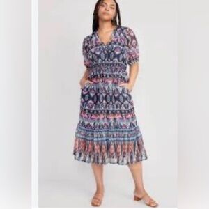 Old Navy Dress Large Waist Defining V Neck Midi Boho Peasant Tiered Lined